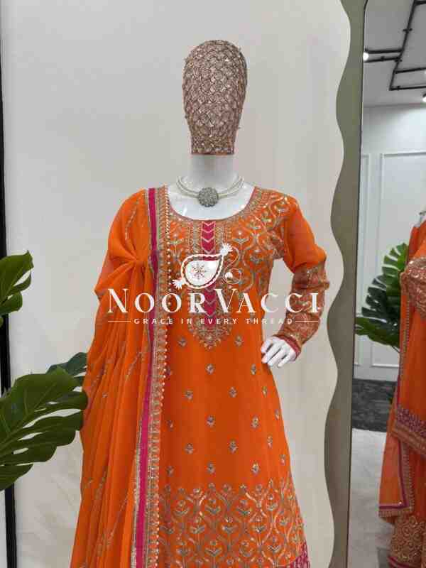 Faux Georgette Embroidered Plazo Suit with Lace Cutwork Dupatta - Image 4