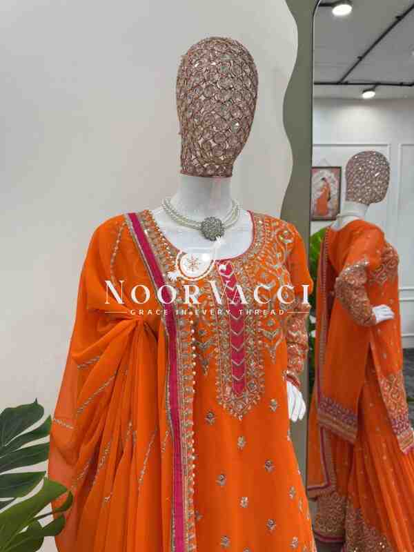 Faux Georgette Embroidered Plazo Suit with Lace Cutwork Dupatta - Image 5