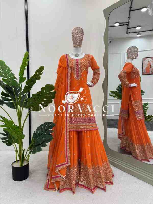 Faux Georgette Embroidered Plazo Suit with Lace Cutwork Dupatta - Image 3