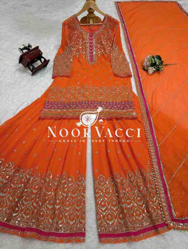 Faux Georgette Embroidered Plazo Suit with Lace Cutwork Dupatta - Image 6