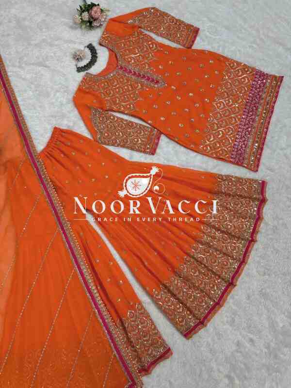 Faux Georgette Embroidered Plazo Suit with Lace Cutwork Dupatta - Image 8