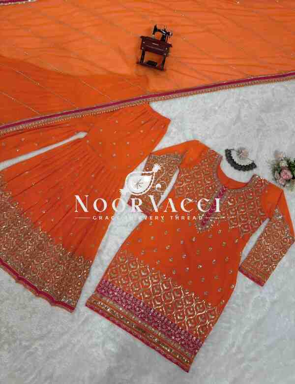 Faux Georgette Embroidered Plazo Suit with Lace Cutwork Dupatta - Image 9