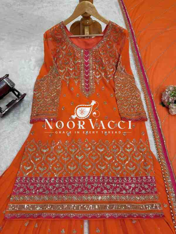 Faux Georgette Embroidered Plazo Suit with Lace Cutwork Dupatta - Image 7