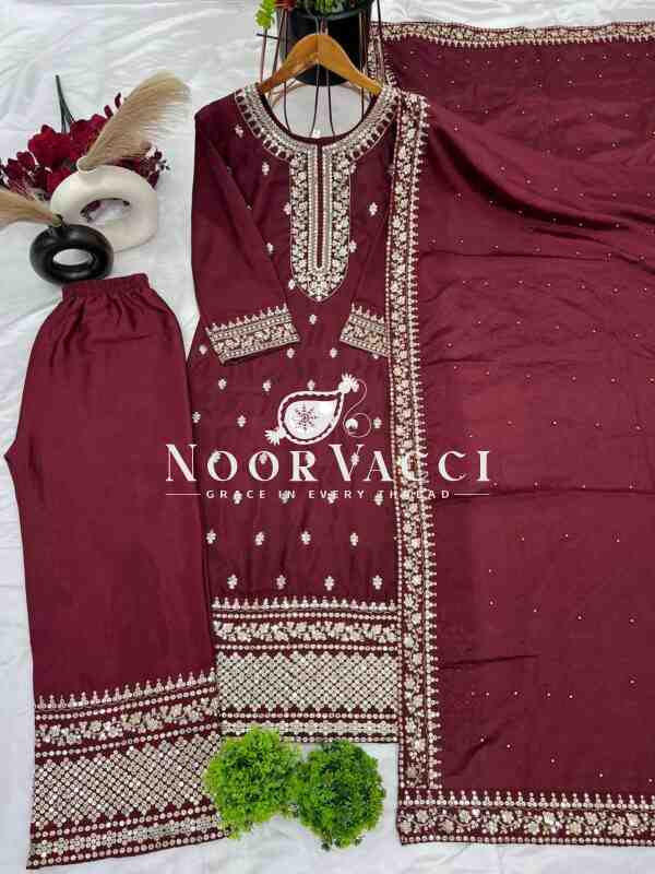 Chinnon Silk Festival Wear Set with Heavy Embroidery – Fully Stitched Top, Pant & Dupatta - Image 6