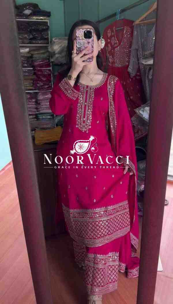 Chinnon Silk Festival Wear Set with Heavy Embroidery – Fully Stitched Top, Pant & Dupatta - Image 3