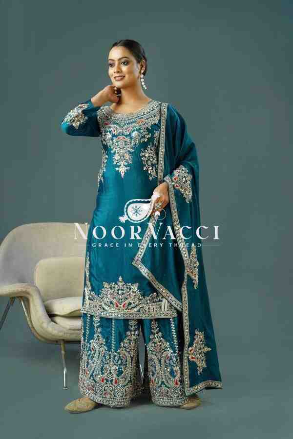 Pure Chinnon Silk Embroidered Plazzo Set – Fully Stitched Top, Bottom & Dupatta - Image 4