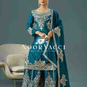 Pure Chinnon Silk Embroidered Plazzo Set – Fully Stitched Top, Bottom & Dupatta