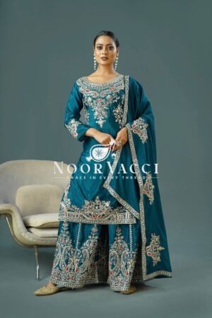 Buy Pure Chinnon Silk Embroidered Plazzo Set – Fully Stitched Top, Bottom & Dupatta