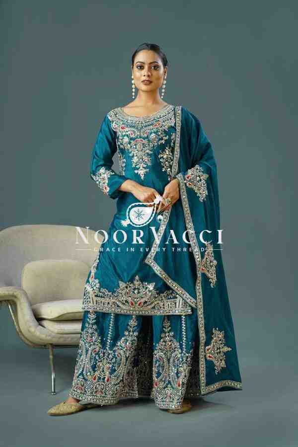 Pure Chinnon Silk Embroidered Plazzo Set – Fully Stitched Top, Bottom & Dupatta