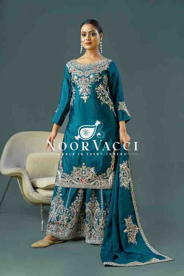 Pure Chinnon Silk Embroidered Plazzo Set – Fully Stitched Top, Bottom & Dupatta - Image 5