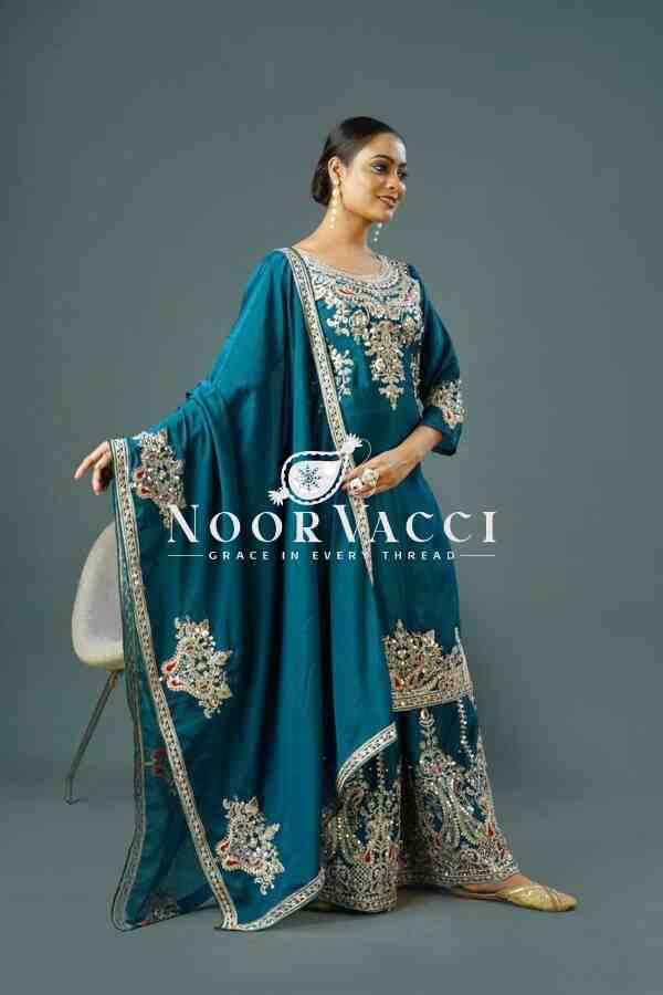 Pure Chinnon Silk Embroidered Plazzo Set – Fully Stitched Top, Bottom & Dupatta - Image 6