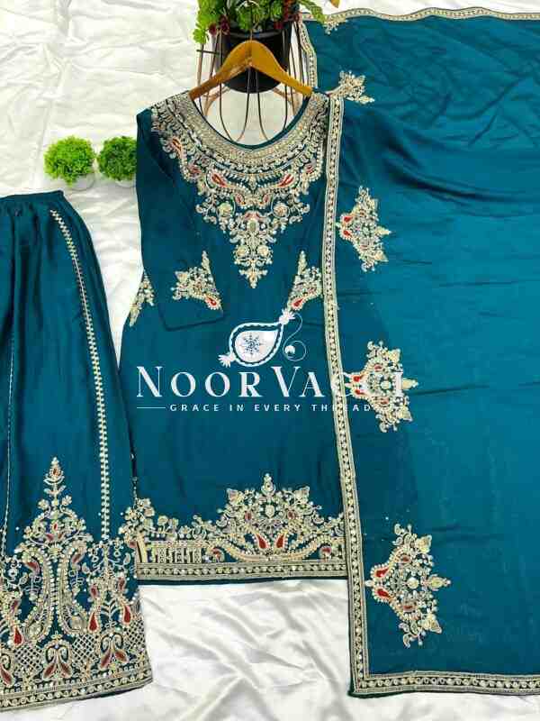 Pure Chinnon Silk Embroidered Plazzo Set – Fully Stitched Top, Bottom & Dupatta - Image 7