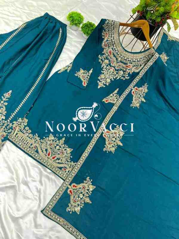 Pure Chinnon Silk Embroidered Plazzo Set – Fully Stitched Top, Bottom & Dupatta - Image 8