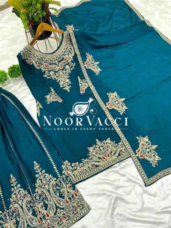 Pure Chinnon Silk Embroidered Plazzo Set – Fully Stitched Top, Bottom & Dupatta - Image 10