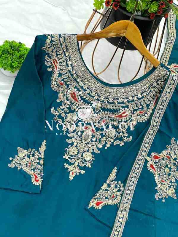 Pure Chinnon Silk Embroidered Plazzo Set – Fully Stitched Top, Bottom & Dupatta - Image 9