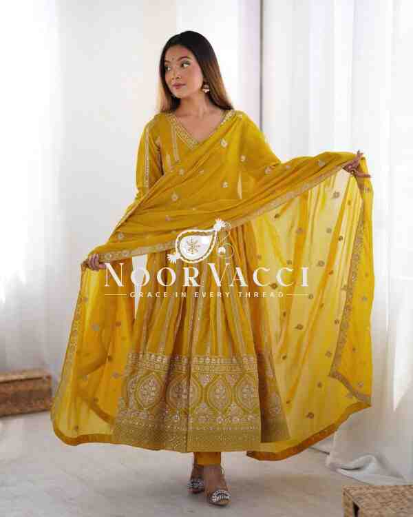 Star Georgette Embroidered Gown with Matching Pent and Dupatta - Image 5