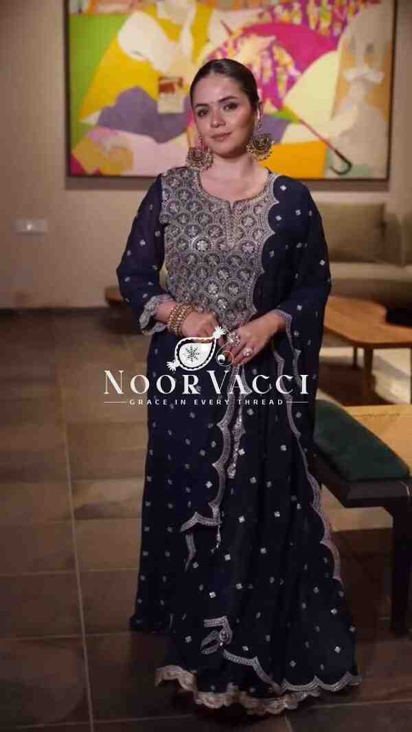Faux Georgette Embroidered Plazo Suit with Lace Cutwork Dupatta - Image 2