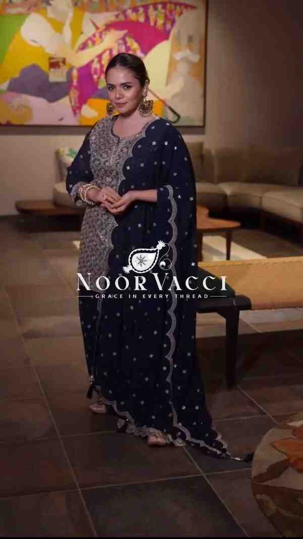 Faux Georgette Embroidered Plazo Suit with Lace Cutwork Dupatta