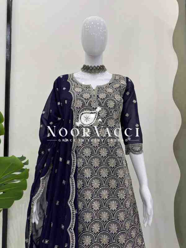 Faux Georgette Embroidered Plazo Suit with Lace Cutwork Dupatta - Image 4