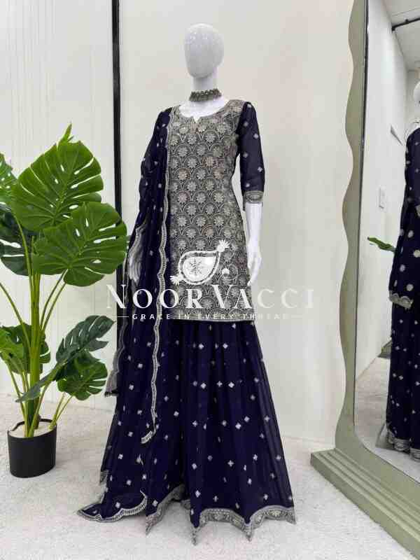 Faux Georgette Embroidered Plazo Suit with Lace Cutwork Dupatta - Image 5