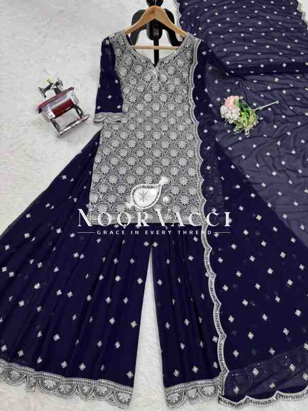 Faux Georgette Embroidered Plazo Suit with Lace Cutwork Dupatta - Image 8