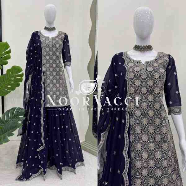 Faux Georgette Embroidered Plazo Suit with Lace Cutwork Dupatta - Image 3