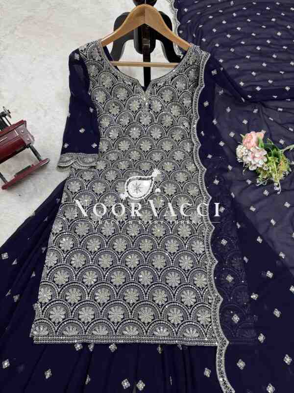 Faux Georgette Embroidered Plazo Suit with Lace Cutwork Dupatta - Image 9