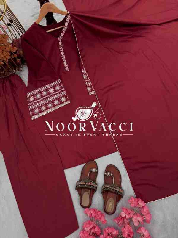 Natural Satin Embroidered Top with Farshi Plazzo and Dupatta Set - Image 2