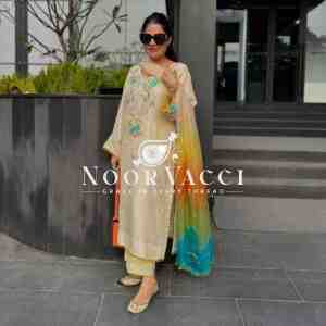 Moss Satin Embroidered Top with Pent and Organza Silk Dupatta Set