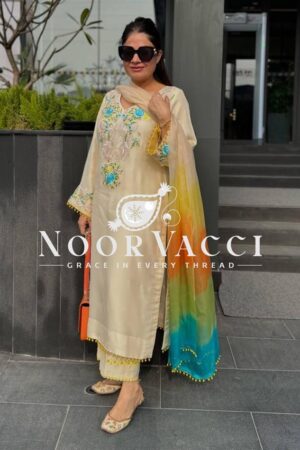 Shop Moss Satin Embroidered Top with Pent and Organza Silk Dupatta Set