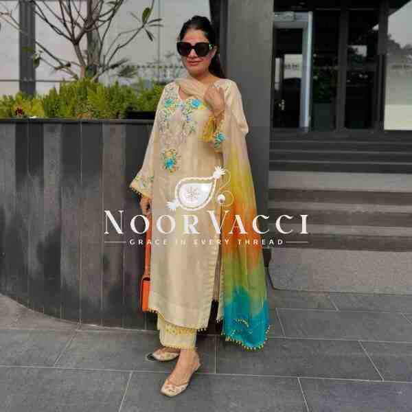Moss Satin Embroidered Top with Pent and Organza Silk Dupatta Set