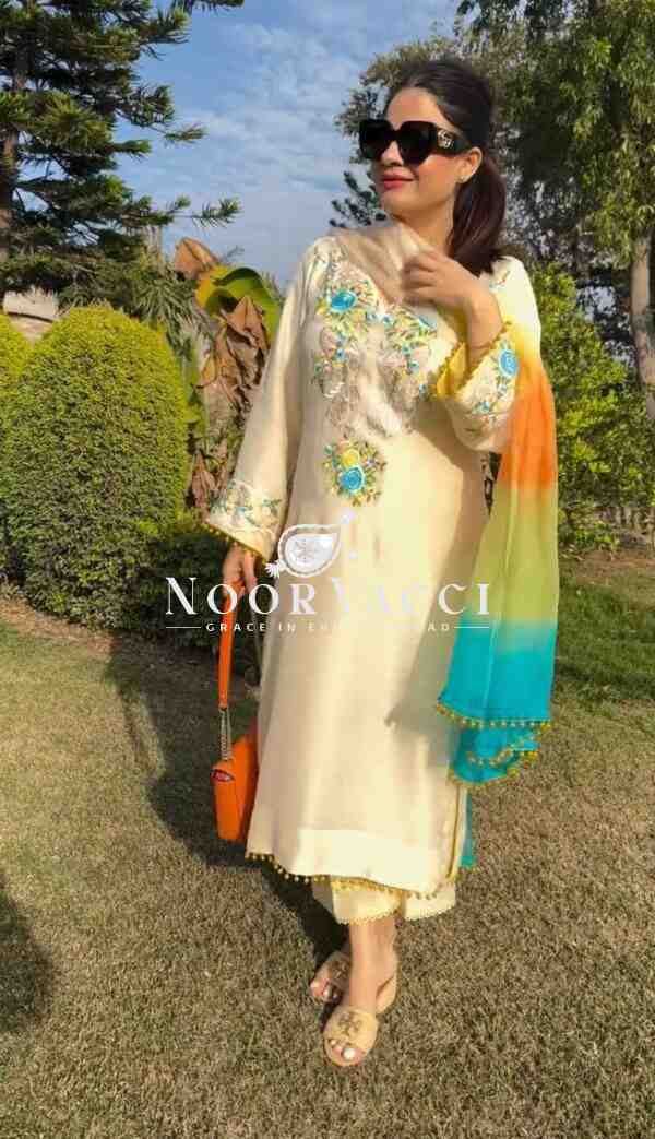 Moss Satin Embroidered Top with Pent and Organza Silk Dupatta Set - Image 4