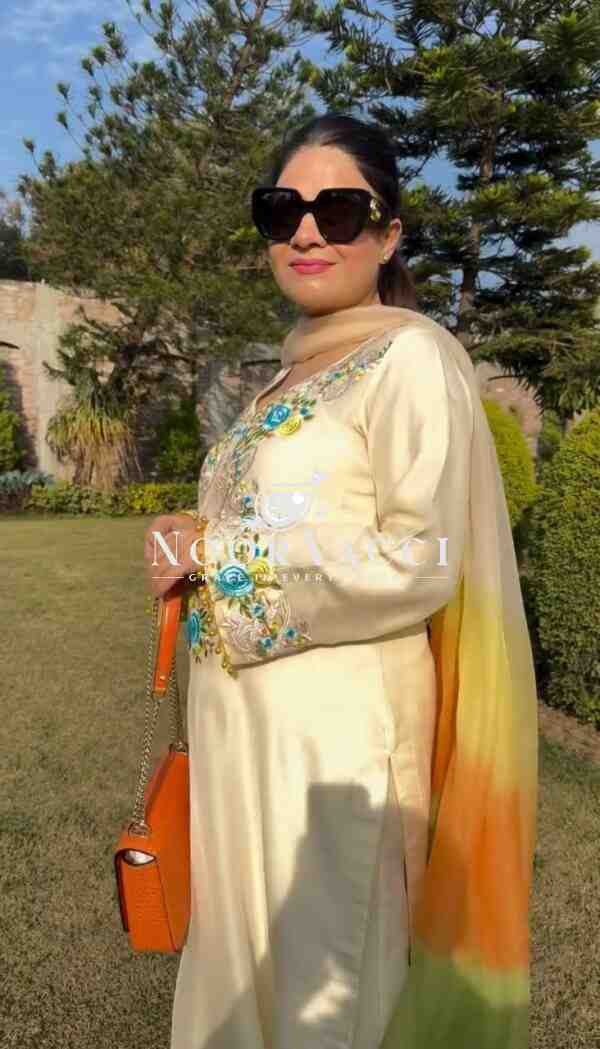 Moss Satin Embroidered Top with Pent and Organza Silk Dupatta Set - Image 2