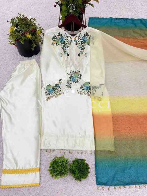 Moss Satin Embroidered Top with Pent and Organza Silk Dupatta Set - Image 7