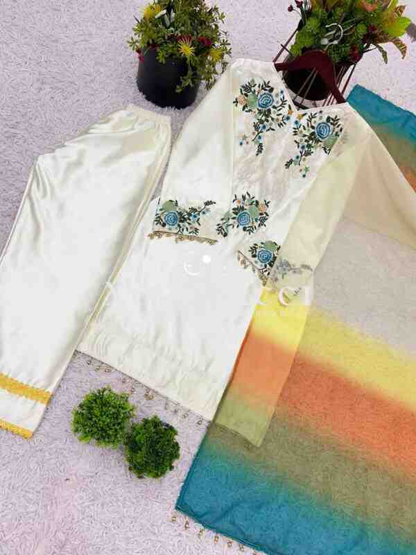 Moss Satin Embroidered Top with Pent and Organza Silk Dupatta Set - Image 8