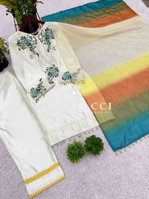 Moss Satin Embroidered Top with Pent and Organza Silk Dupatta Set - Image 5