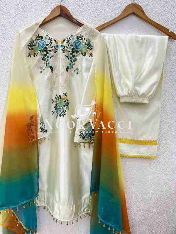 Moss Satin Embroidered Top with Pent and Organza Silk Dupatta Set - Image 6