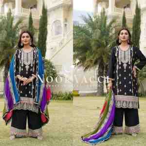 Premium Chinnon Silk Suit with Multicolor Dupatta & Embroidery Work