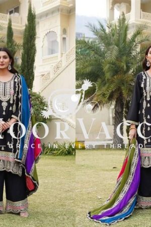 Shop Premium Chinnon Silk Suit with Multicolor Dupatta & Embroidery Work