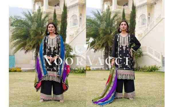 Premium Chinnon Silk Suit with Multicolor Dupatta & Embroidery Work