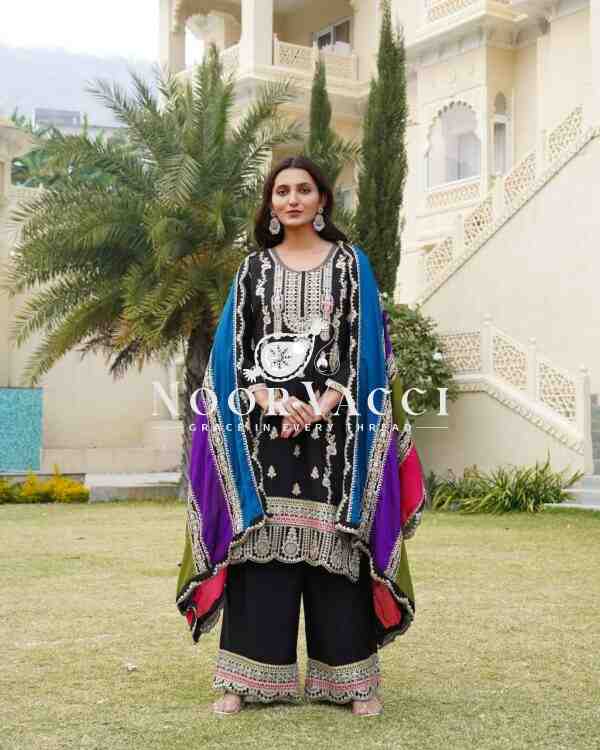 Premium Chinnon Silk Suit with Multicolor Dupatta & Embroidery Work - Image 4