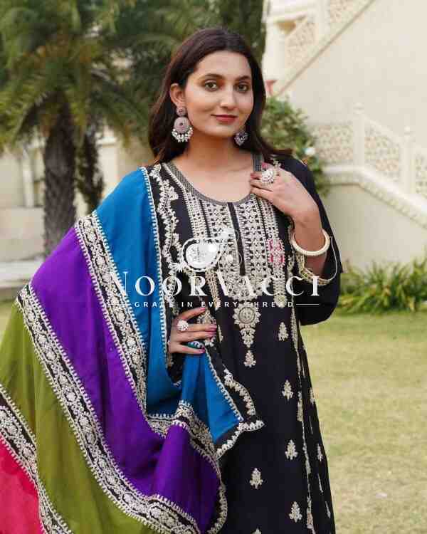 Premium Chinnon Silk Suit with Multicolor Dupatta & Embroidery Work - Image 2
