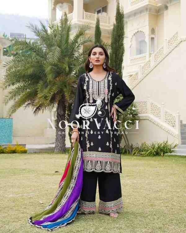 Premium Chinnon Silk Suit with Multicolor Dupatta & Embroidery Work - Image 3