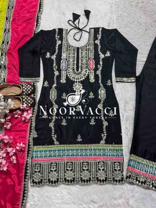 Premium Chinnon Silk Suit with Multicolor Dupatta & Embroidery Work - Image 5