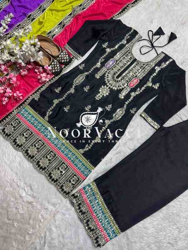 Premium Chinnon Silk Suit with Multicolor Dupatta & Embroidery Work - Image 6