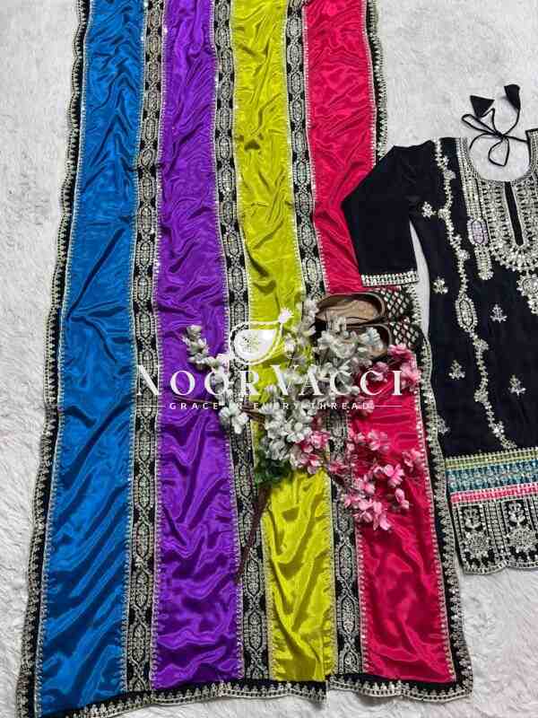 Premium Chinnon Silk Suit with Multicolor Dupatta & Embroidery Work - Image 7