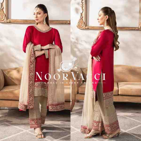 Heavy Embroidered Satin Silk Suit with Dupatta and Faux Georgette Pant Set - Image 2