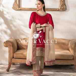 Heavy Embroidered Satin Silk Suit with Dupatta and Faux Georgette Pant Set