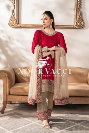 Shop Heavy Embroidered Satin Silk Suit with Dupatta and Faux Georgette Pant Set