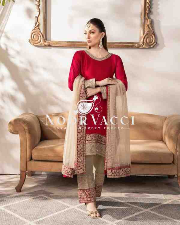 Heavy Embroidered Satin Silk Suit with Dupatta and Faux Georgette Pant Set